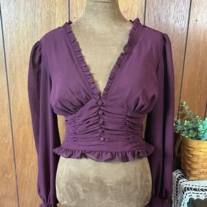 SHE SKY Plum Ruffle V Neck Ruched Button Front Long Sleeve Cropped Blouse Top S